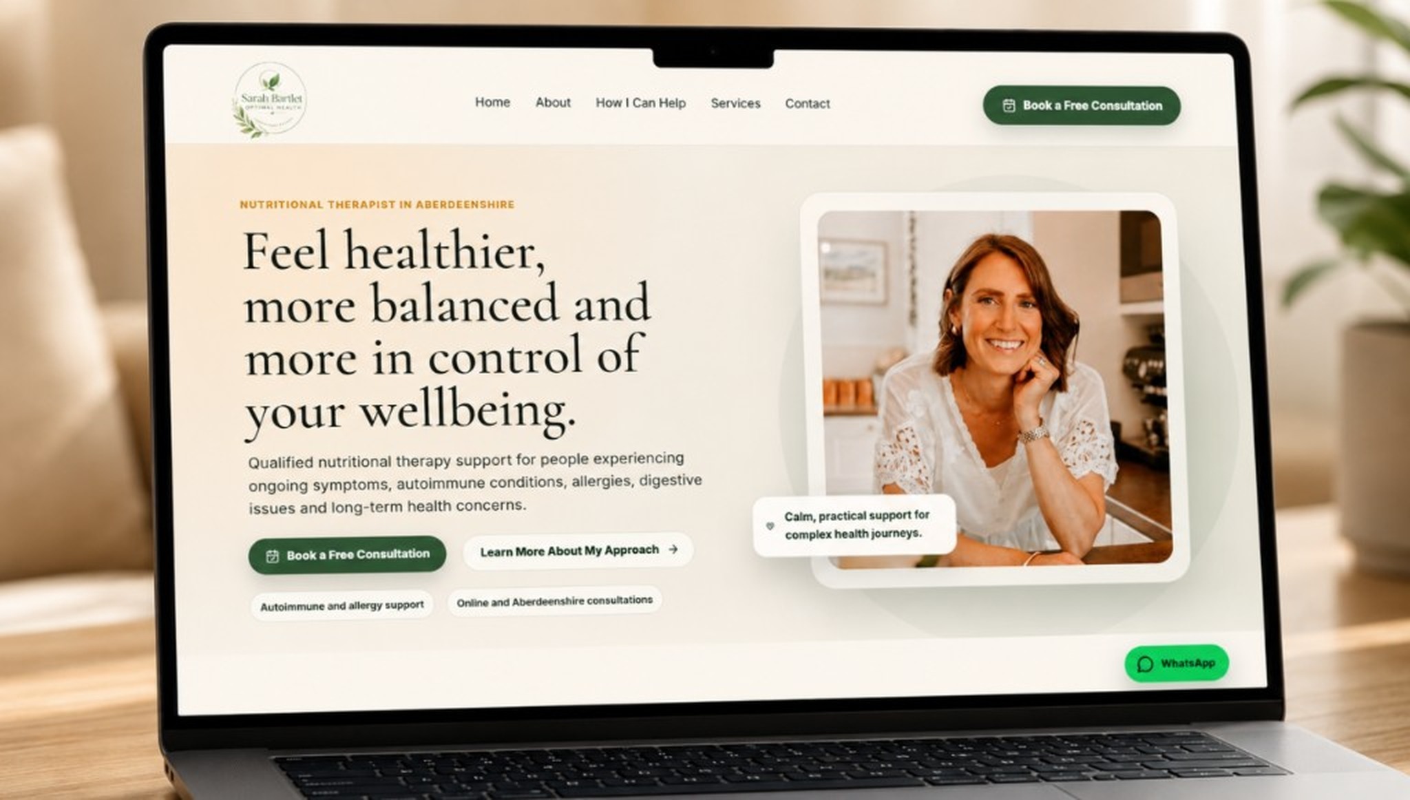 Sarah Bartlet Optimal Health nutritional therapy website designed by Devora — Aberdeenshire practice homepage on laptop mockup